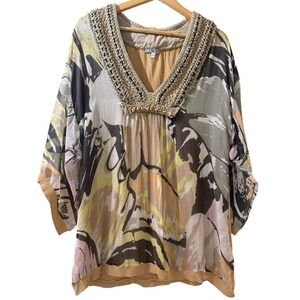 ICEBERG Italy Silk Viscose Abstract Boho Tunic Top Crochet V-Neck Brown Multi